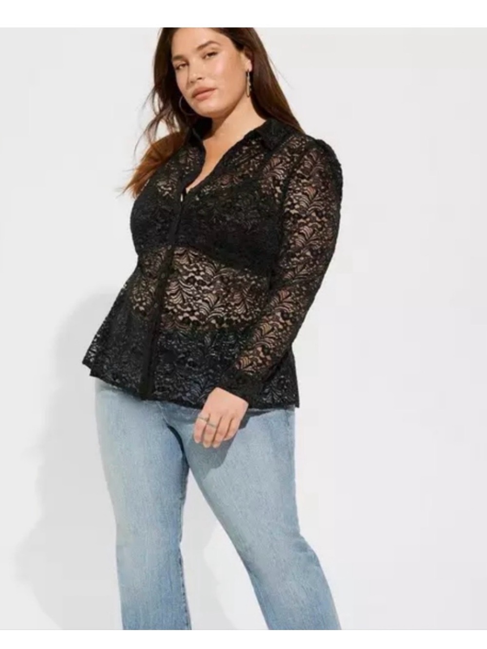 Black Lace Button-Up Blouse - Elegant Sheer Women’s Top